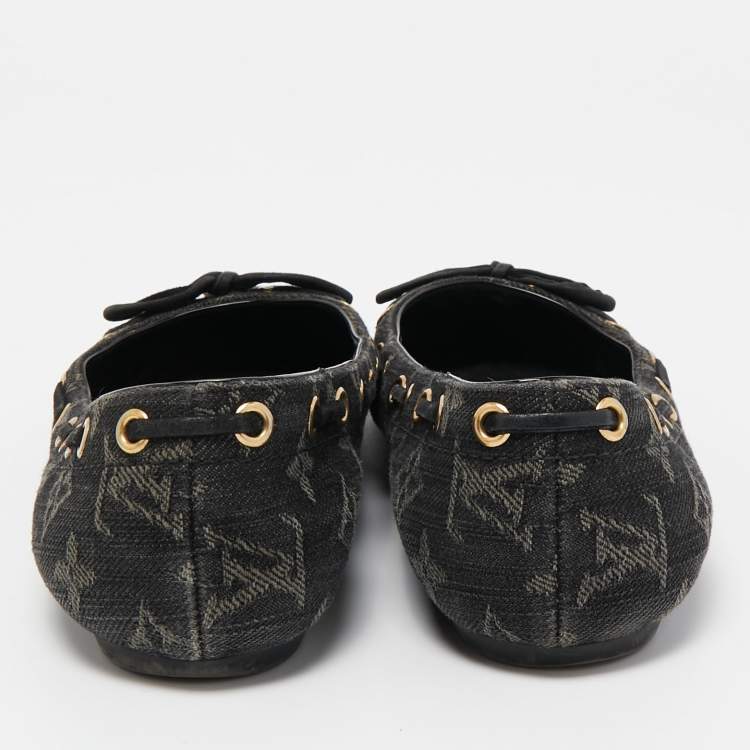 Pre Owned Louis Vuitton Black Monogram Denim Bow Ballet Flats Size 38