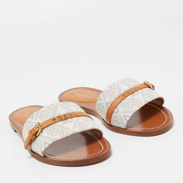 Pre Owned Louis Vuitton White Canvas And Leather Lock It Flat Slides Size 37.5