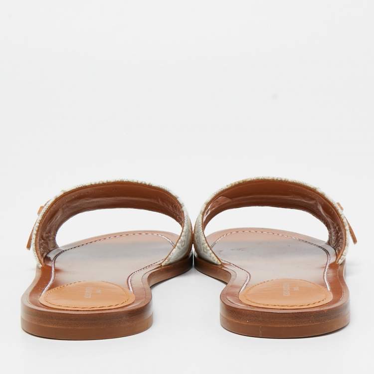 Pre Owned Louis Vuitton White Canvas And Leather Lock It Flat Slides Size 37.5