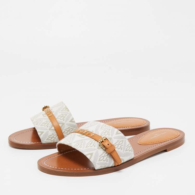 Pre Owned Louis Vuitton White Canvas And Leather Lock It Flat Slides Size 37.5