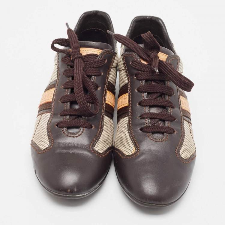 Pre Owned Louis Vuitton Brown/Off-White Canvas And Leather Low Top Sneakers Size 37