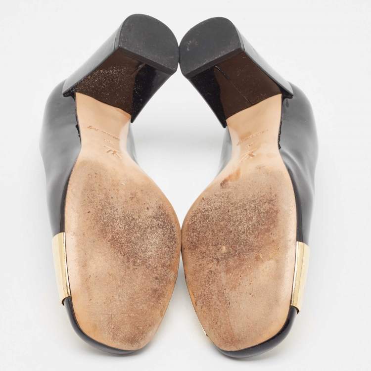 Pre Owned Louis Vuitton Black Patent Leather Gold Plate Block Heel Pumps Size 36