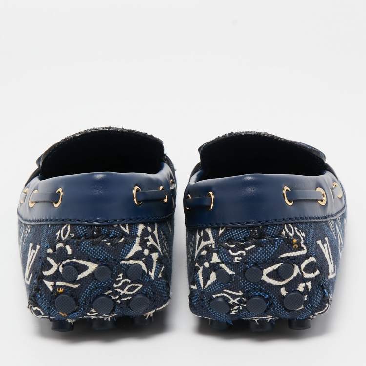 Pre Owned Louis Vuitton Navy Blue Monogram Jacquard 1854 Gloria Loafers Size 37