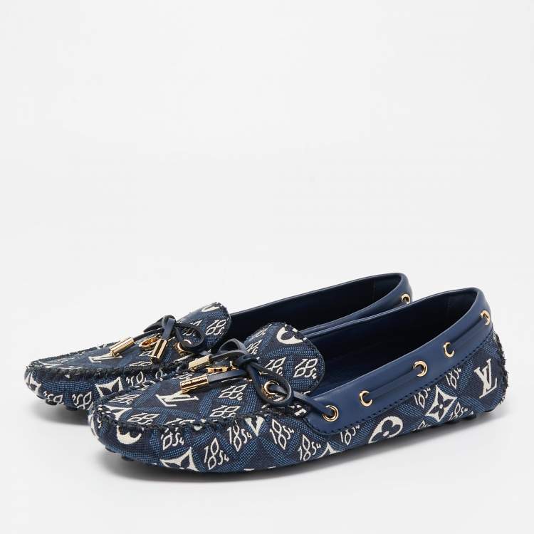 Pre Owned Louis Vuitton Navy Blue Monogram Jacquard 1854 Gloria Loafers Size 37