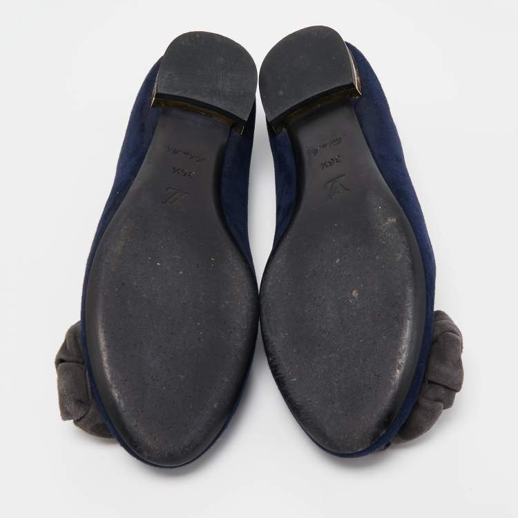 Pre Owned Louis Vuitton Navy Blue Suede Flower Embellished Ballet Flats Size 36.5