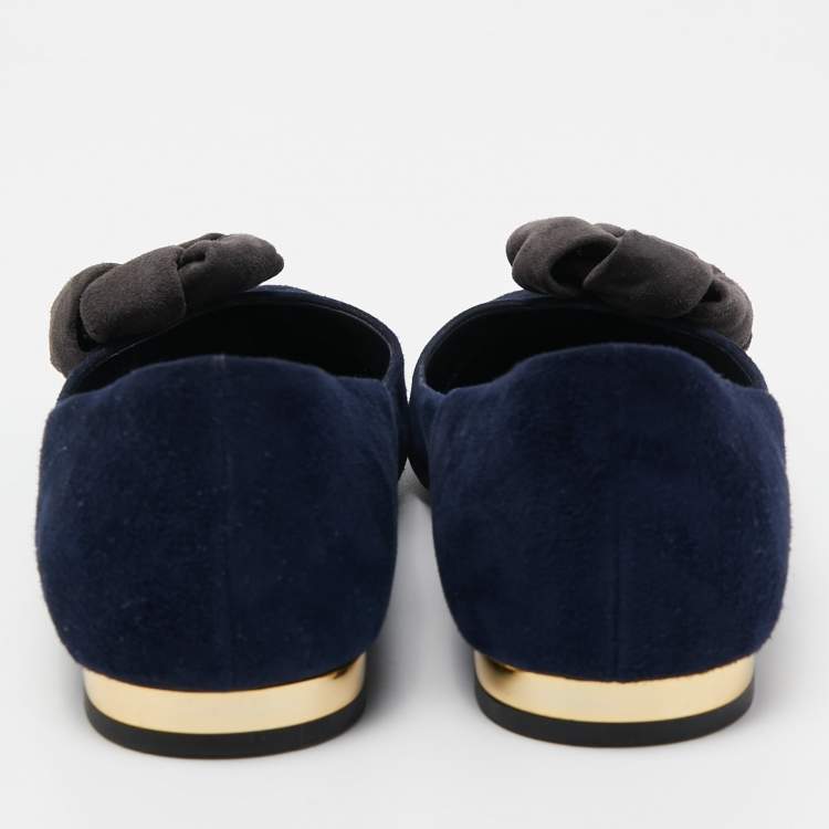 Pre Owned Louis Vuitton Navy Blue Suede Flower Embellished Ballet Flats Size 36.5