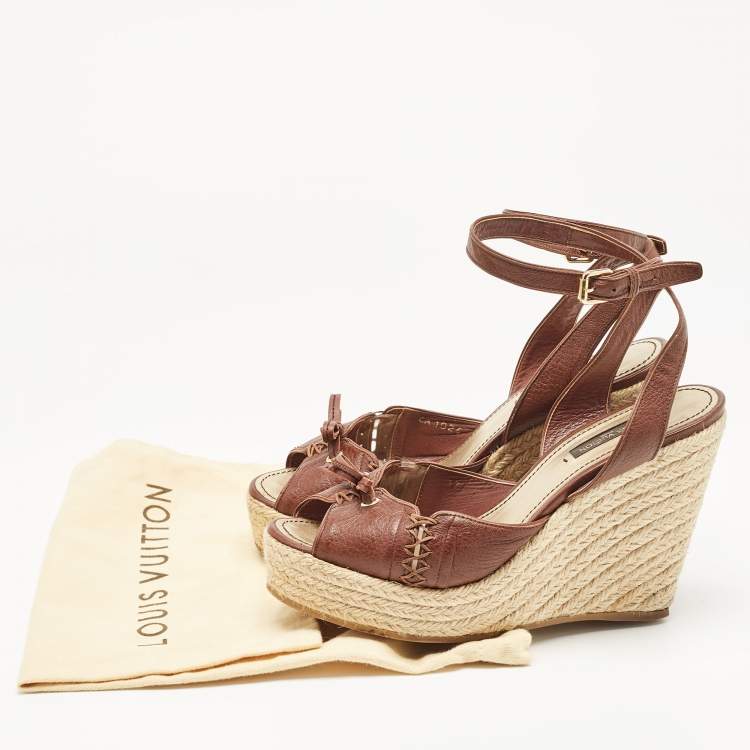 Pre Owned Louis Vuitton Brown Leather Wedge  Ankle Strap Sandals Size 37