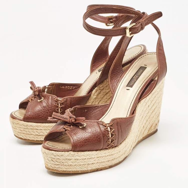 Pre Owned Louis Vuitton Brown Leather Wedge  Ankle Strap Sandals Size 37