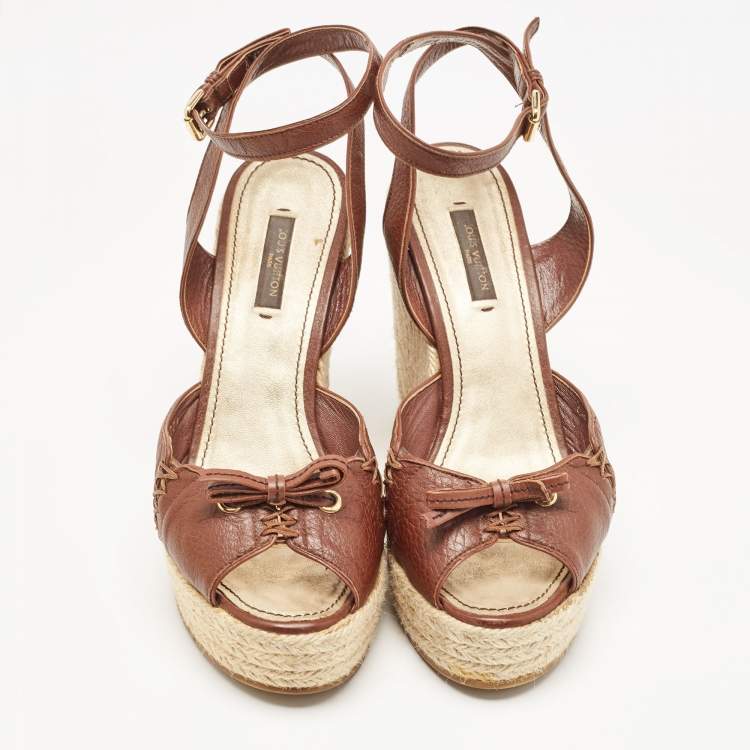 Pre Owned Louis Vuitton Brown Leather Wedge  Ankle Strap Sandals Size 37