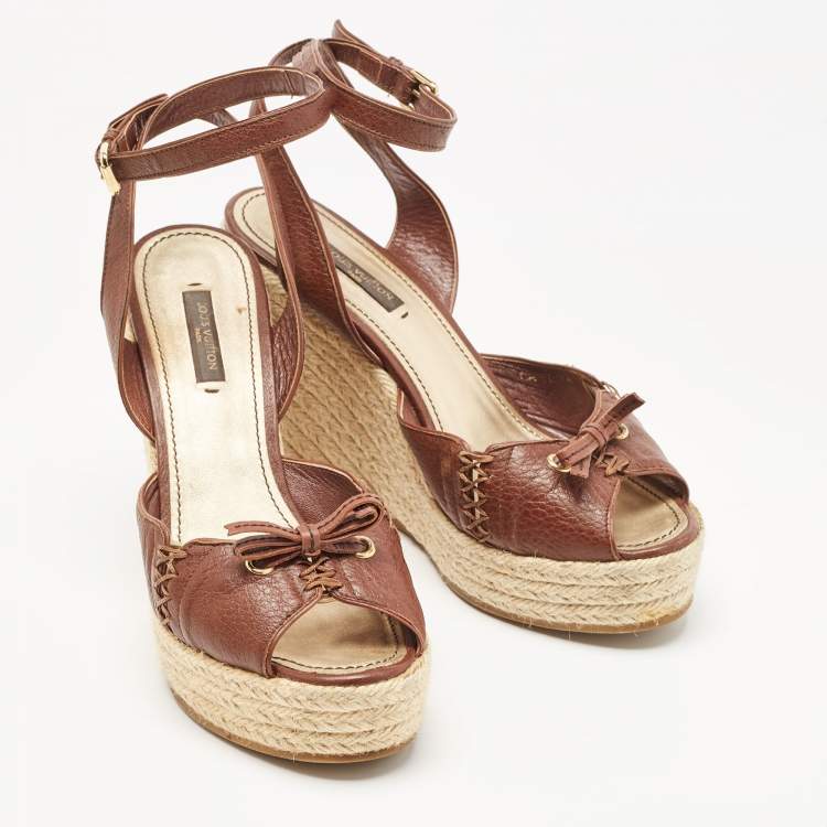 Pre Owned Louis Vuitton Brown Leather Wedge  Ankle Strap Sandals Size 37