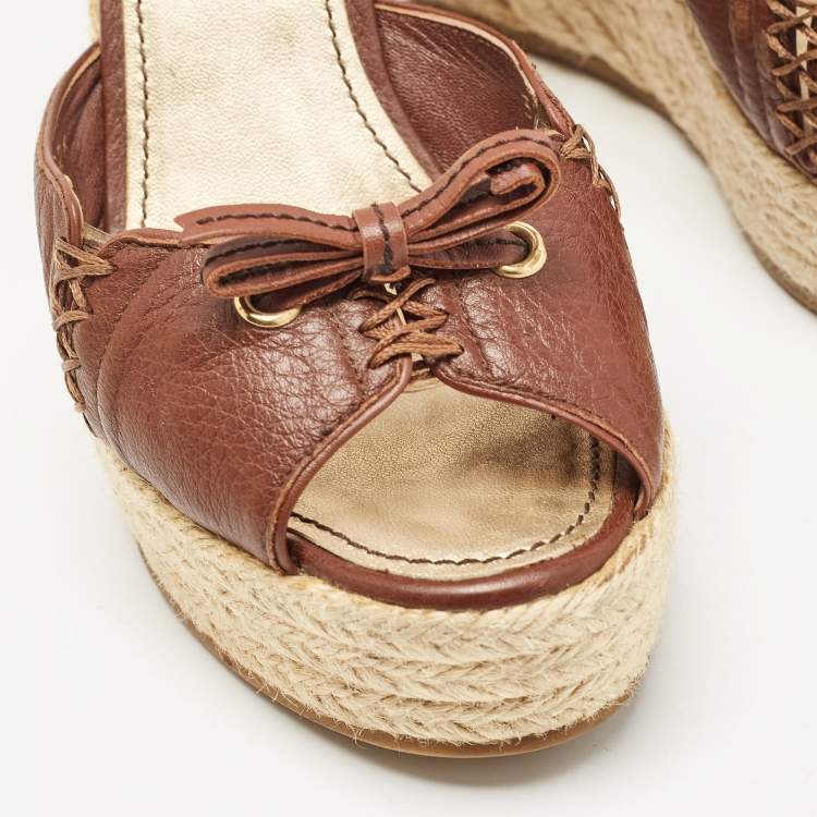 Pre Owned Louis Vuitton Brown Leather Wedge  Ankle Strap Sandals Size 37