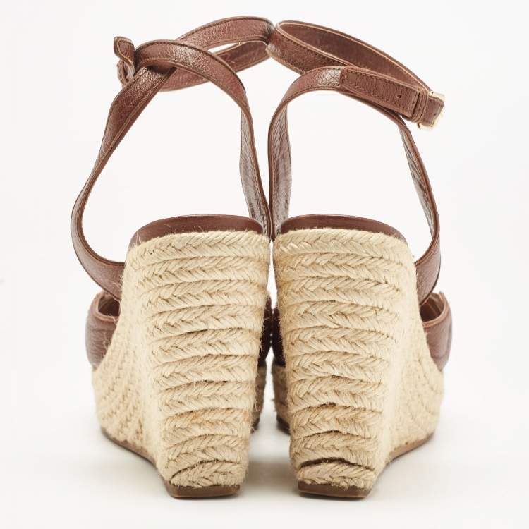 Pre Owned Louis Vuitton Brown Leather Wedge  Ankle Strap Sandals Size 37
