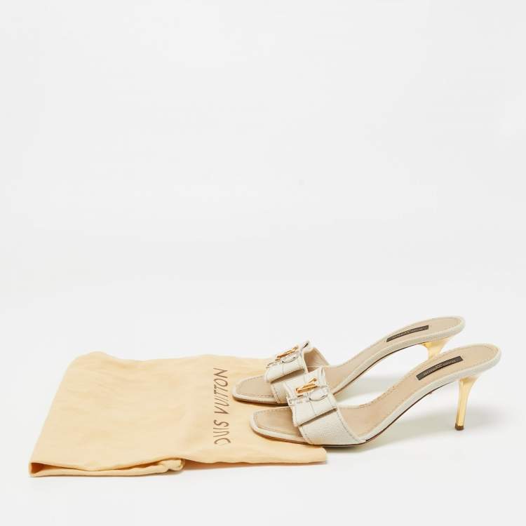 Pre Owned Louis Vuitton Cream Canvas Love Bow Slide Sandals Size 37.5