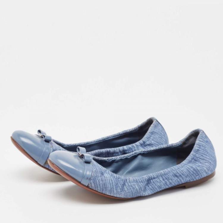 Pre Owned Louis Vuitton Blue Canvas and Leather Elba Scrunch Ballet Flats Size 37.5