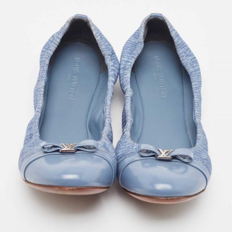 Pre Owned Louis Vuitton Blue Canvas and Leather Elba Scrunch Ballet Flats Size 37.5