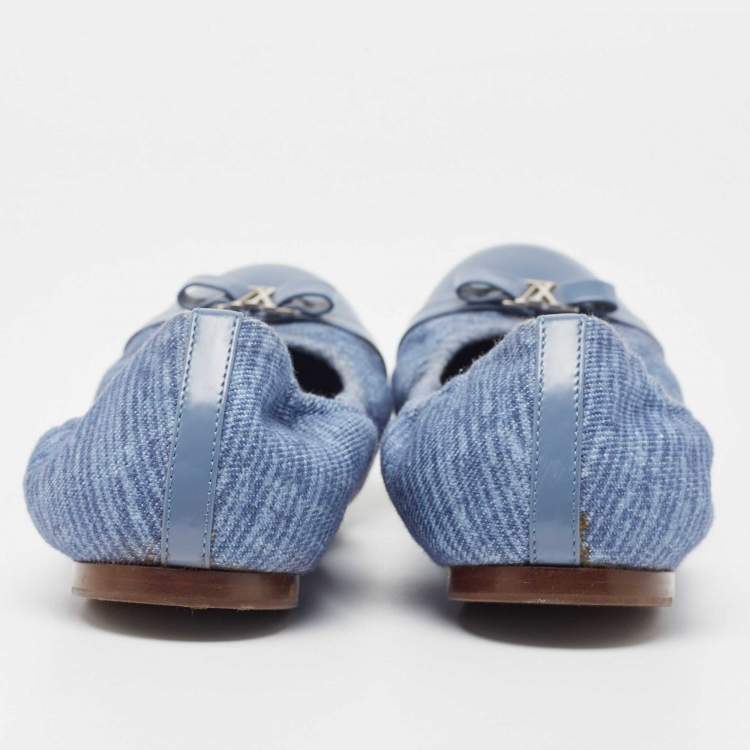 Pre Owned Louis Vuitton Blue Canvas and Leather Elba Scrunch Ballet Flats Size 37.5
