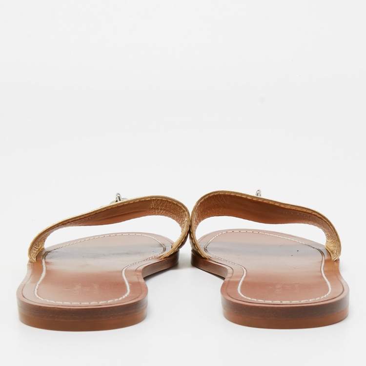 Pre Owned Louis Vuitton Gold Python Embossed Leather Lock It Flat Slides Size 40