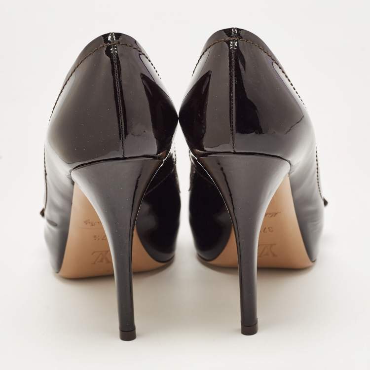 Pre Owned Louis Vuitton Dark Burgundy Patent Leather Open Toe Pumps Size 37.5