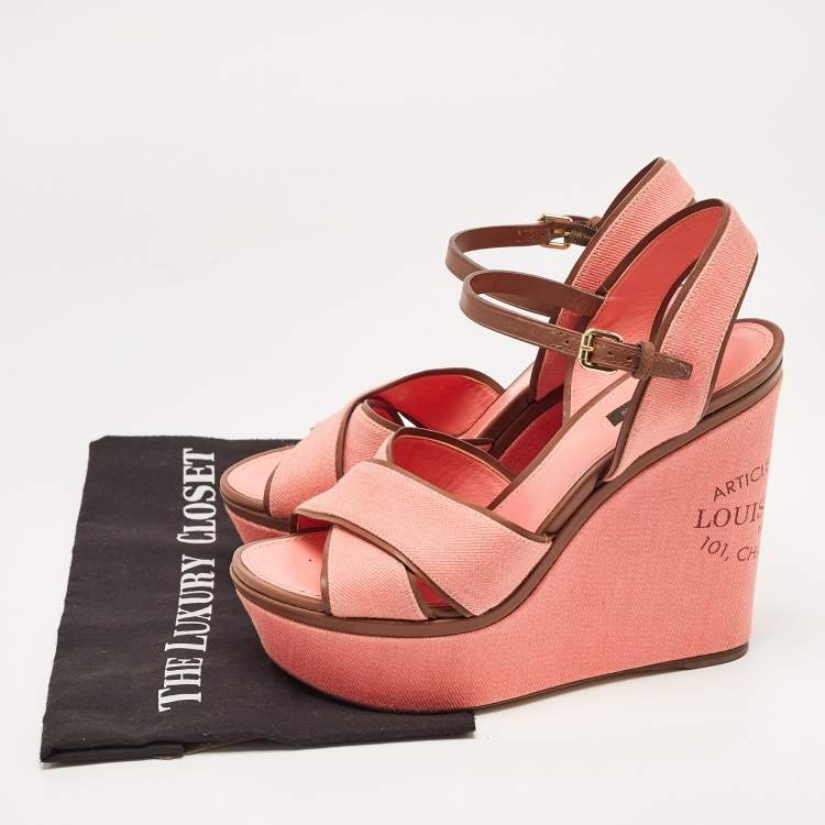 Pre Owned Louis Vuitton Pink Canvas and Leather Articles De Voyage  Wedge Sandals Size 40