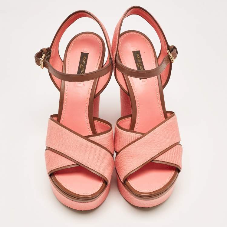 Pre Owned Louis Vuitton Pink Canvas and Leather Articles De Voyage  Wedge Sandals Size 40
