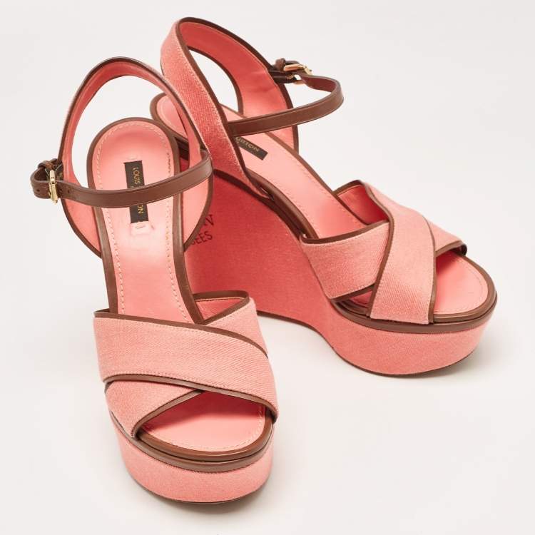 Pre Owned Louis Vuitton Pink Canvas and Leather Articles De Voyage  Wedge Sandals Size 40