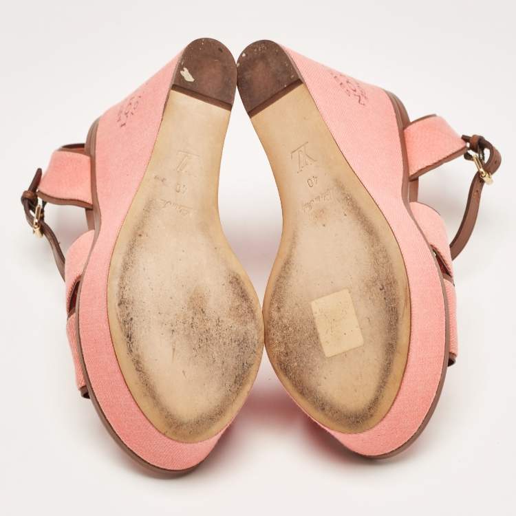 Pre Owned Louis Vuitton Pink Canvas and Leather Articles De Voyage  Wedge Sandals Size 40