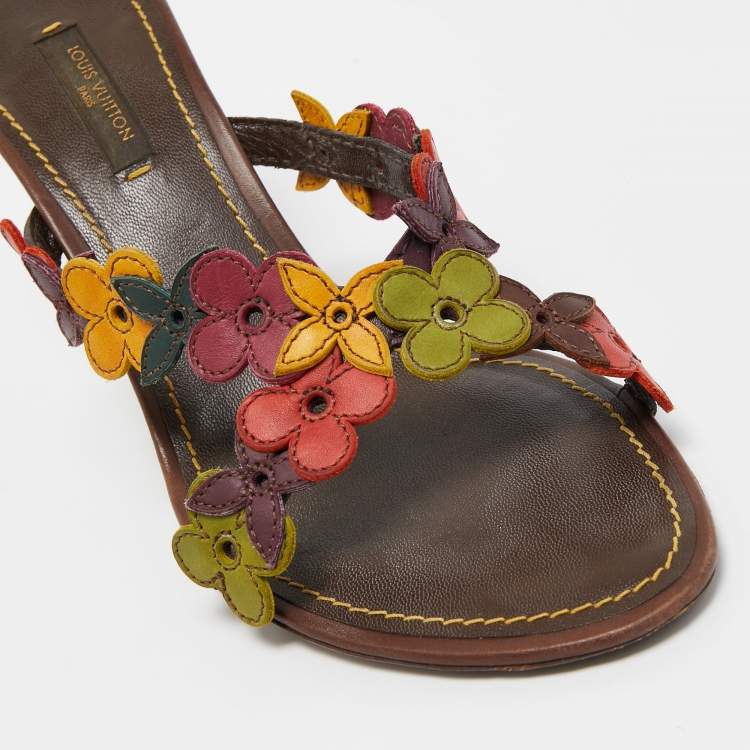 Pre Owned Louis Vuitton Multicolor Leather Flower Embellished Slide Sandals Size 37.5