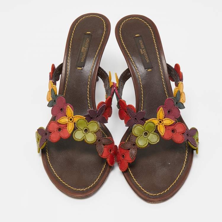 Pre Owned Louis Vuitton Multicolor Leather Flower Embellished Slide Sandals Size 37.5