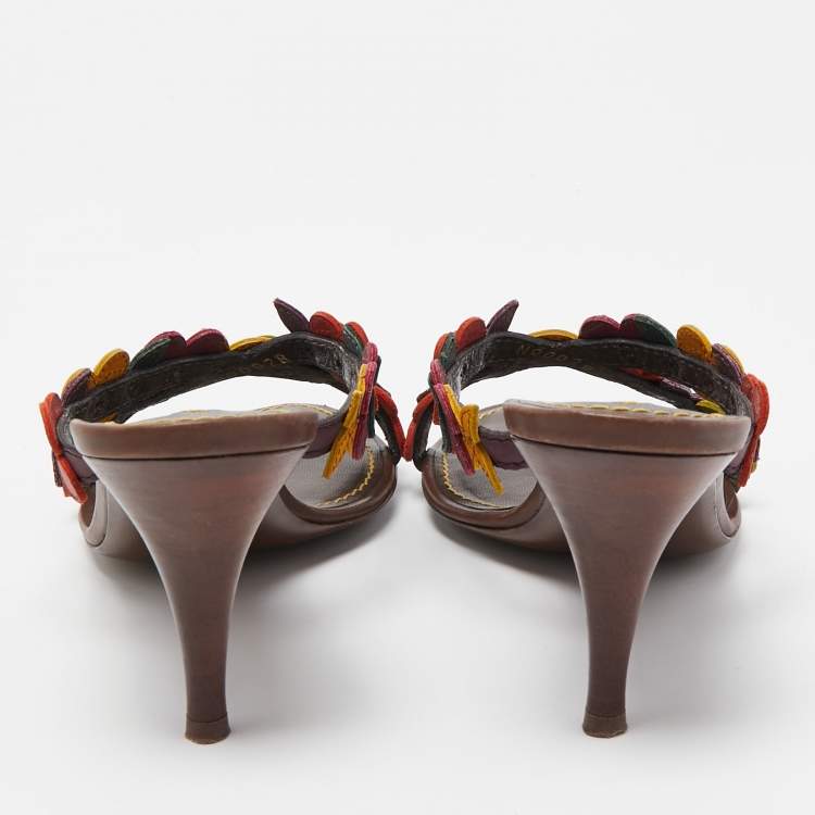 Pre Owned Louis Vuitton Multicolor Leather Flower Embellished Slide Sandals Size 37.5