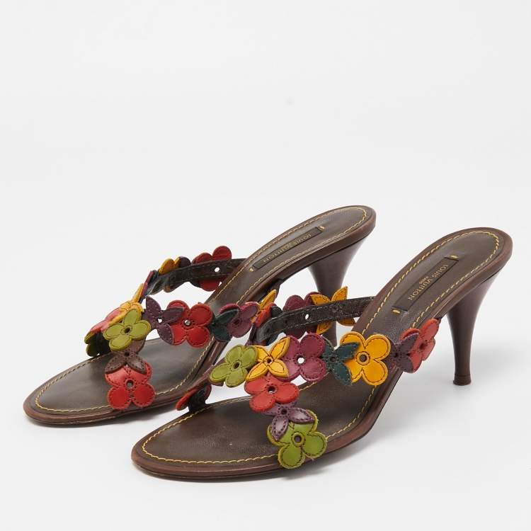 Pre Owned Louis Vuitton Multicolor Leather Flower Embellished Slide Sandals Size 37.5