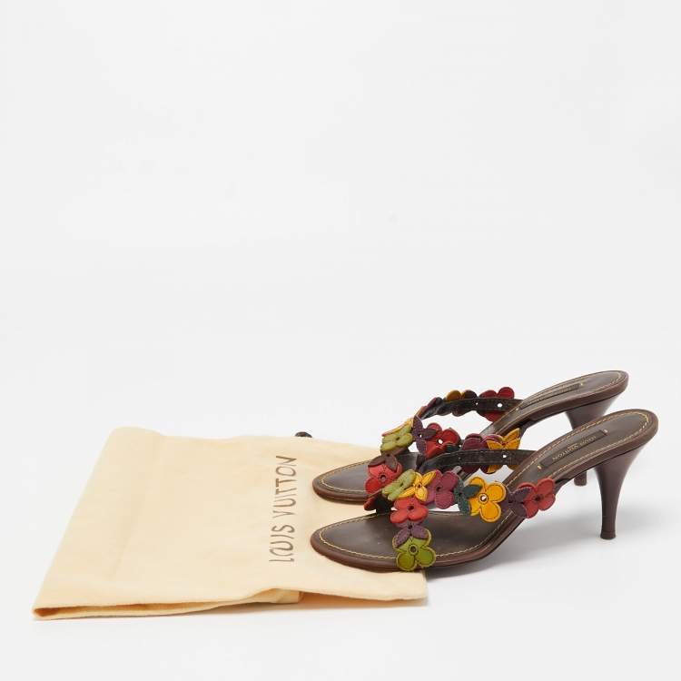 Pre Owned Louis Vuitton Multicolor Leather Flower Embellished Slide Sandals Size 37.5