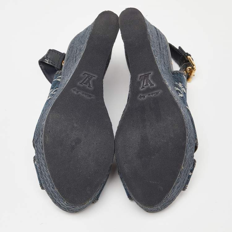 Pre Owned Louis Vuitton Navy Blue Monogram Denim Espadrille Wedge Slingback Pumps Size 37
