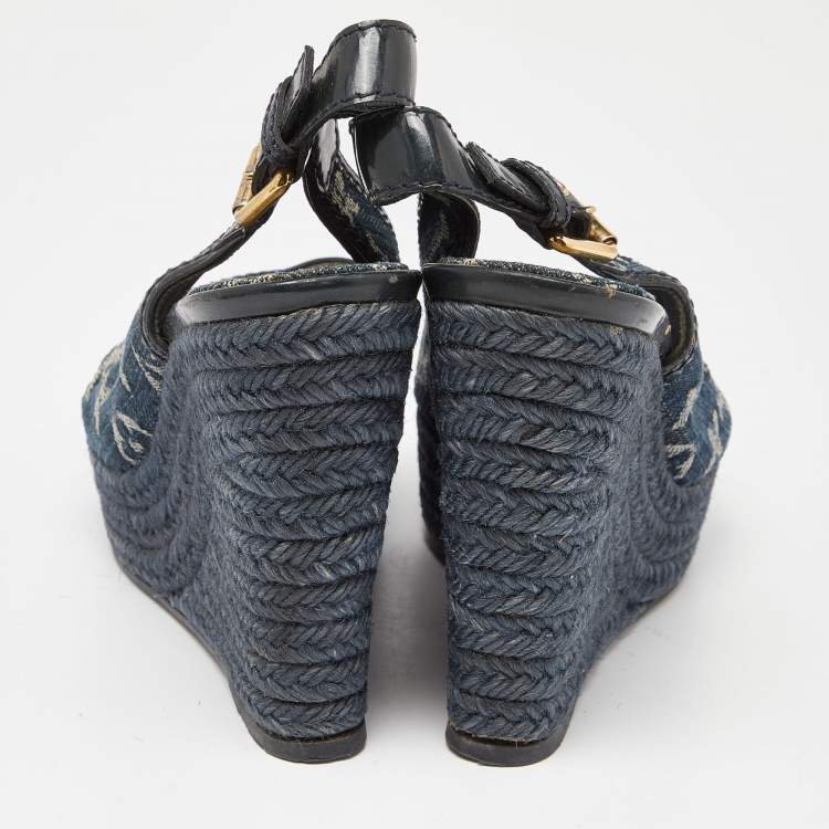 Pre Owned Louis Vuitton Navy Blue Monogram Denim Espadrille Wedge Slingback Pumps Size 37