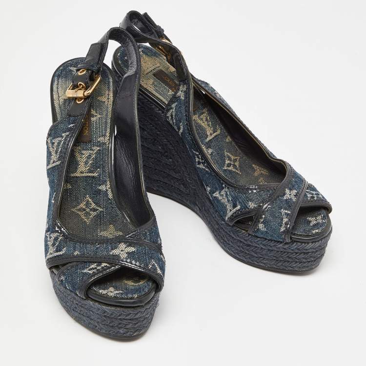 Pre Owned Louis Vuitton Navy Blue Monogram Denim Espadrille Wedge Slingback Pumps Size 37