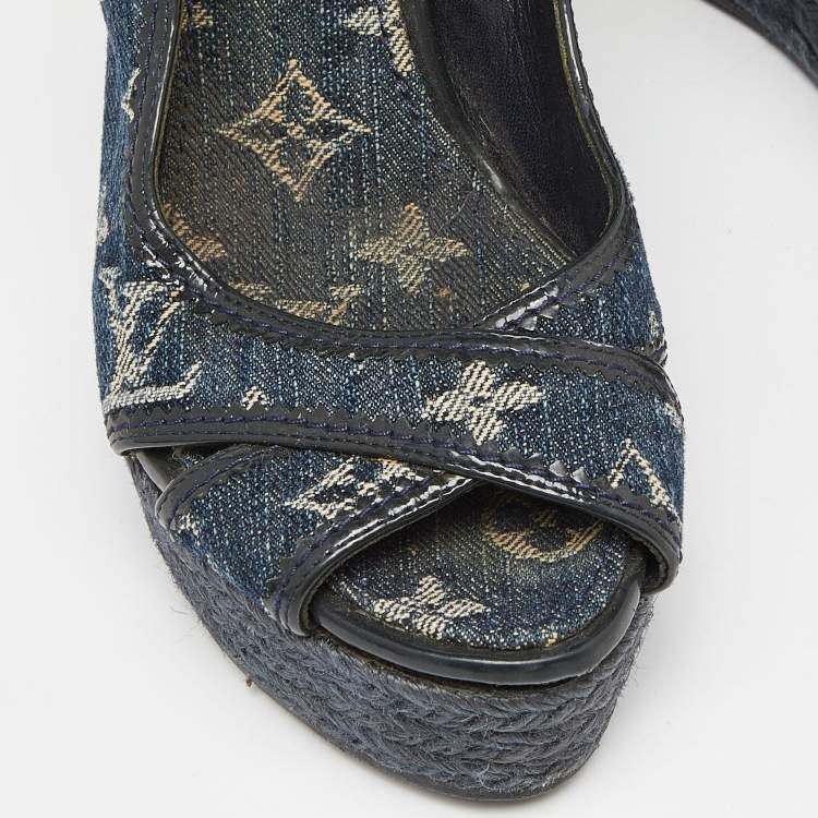 Pre Owned Louis Vuitton Navy Blue Monogram Denim Espadrille Wedge Slingback Pumps Size 37