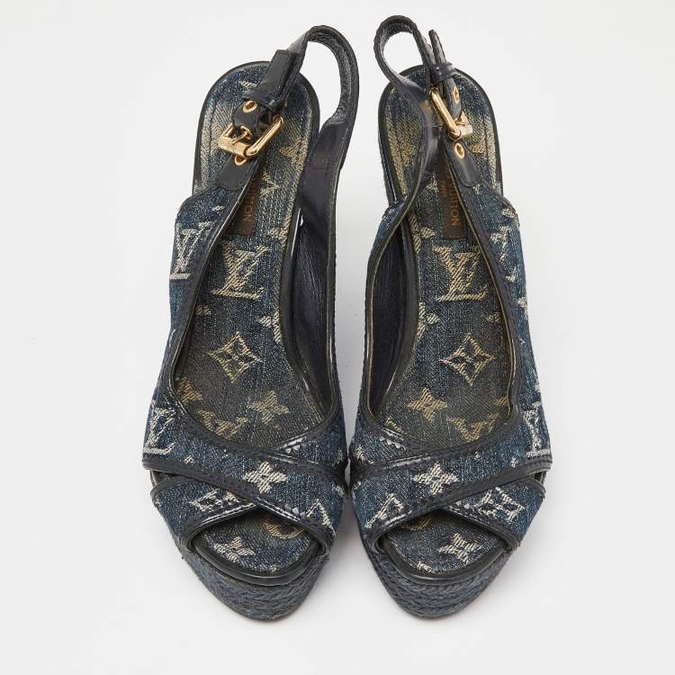 Pre Owned Louis Vuitton Navy Blue Monogram Denim Espadrille Wedge Slingback Pumps Size 37