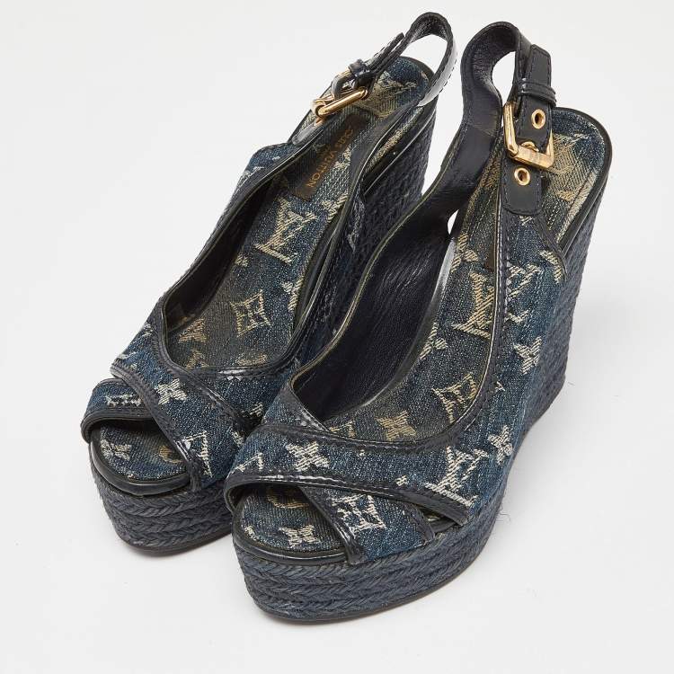 Pre Owned Louis Vuitton Navy Blue Monogram Denim Espadrille Wedge Slingback Pumps Size 37