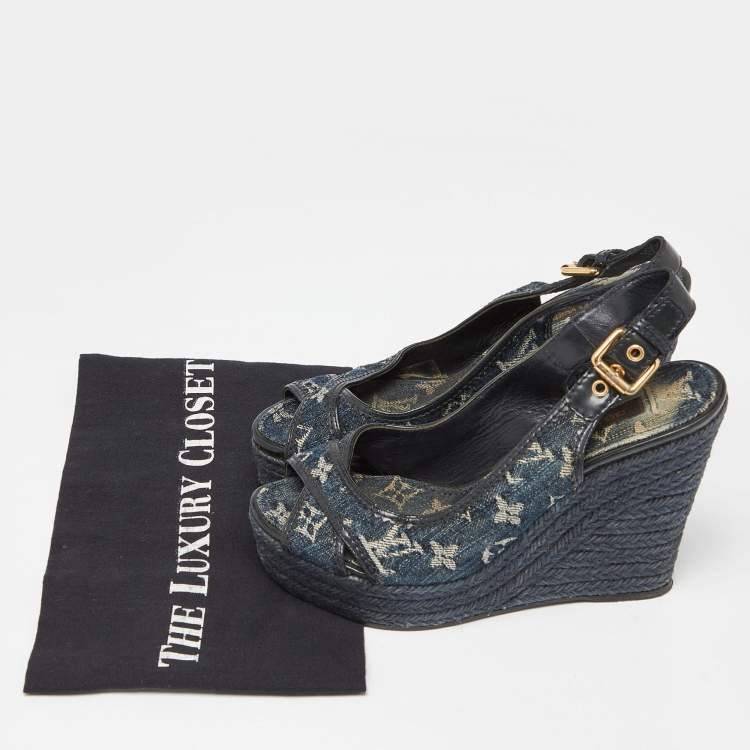 Pre Owned Louis Vuitton Navy Blue Monogram Denim Espadrille Wedge Slingback Pumps Size 37