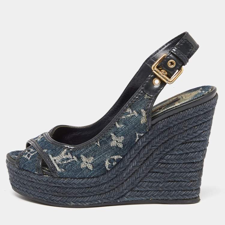 Pre Owned Louis Vuitton Navy Blue Monogram Denim Espadrille Wedge Slingback Pumps Size 37