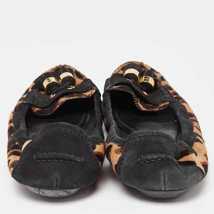 Pre Owned Louis Vuitton Tricolor Leopard Print Calf Hair and Suede Tassel Scrunch Loafers Size 40