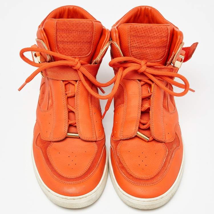 Pre Owned Louis Vuitton Orange Leather and Suede Slipstream High Top Sneakers Size 36