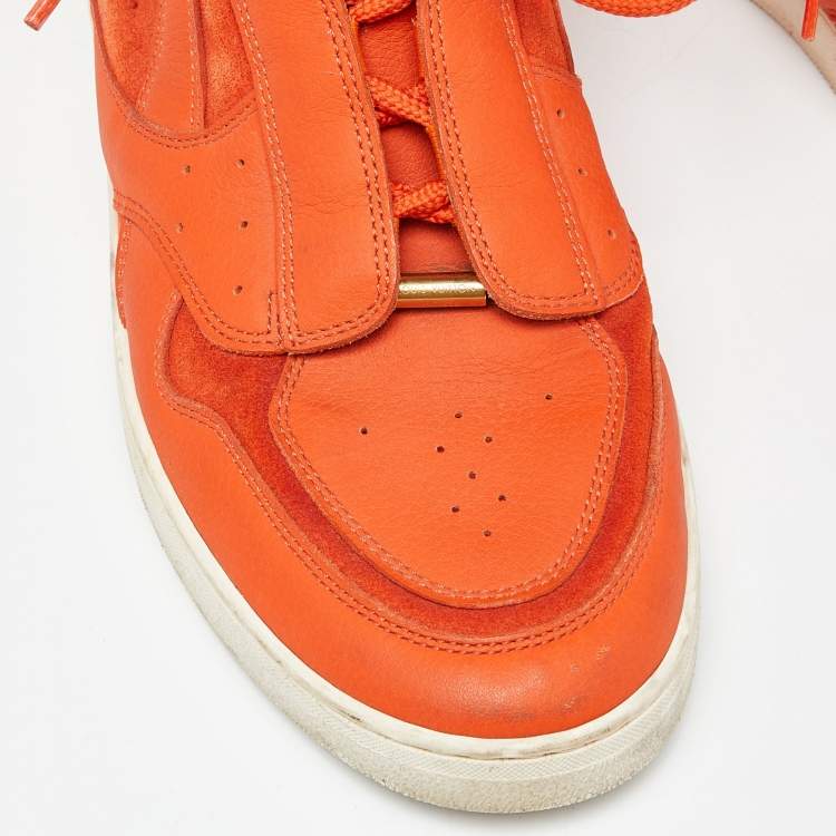 Pre Owned Louis Vuitton Orange Leather and Suede Slipstream High Top Sneakers Size 36