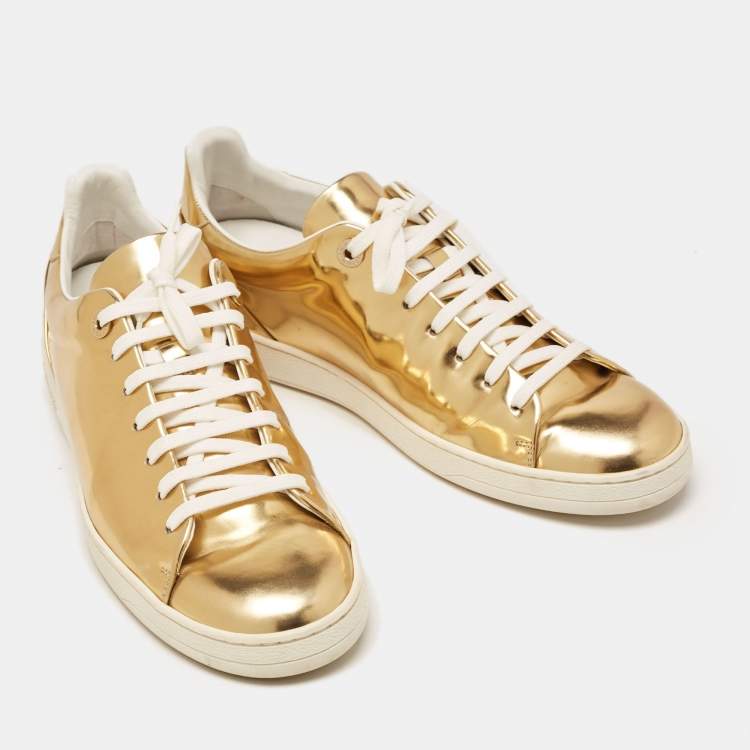 Pre Owned Louis Vuitton Gold Leather Frontrow  Low Top Sneakers Size 40.5