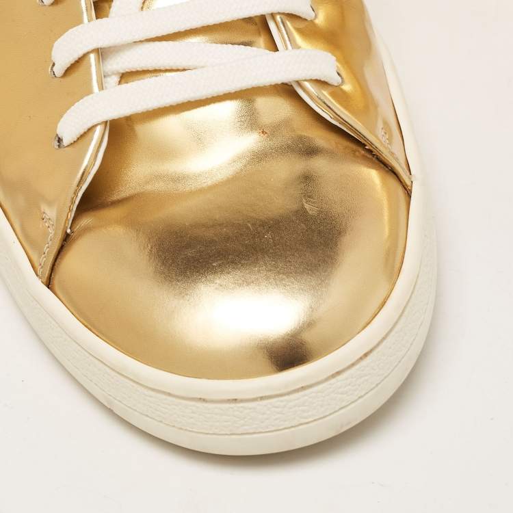 Pre Owned Louis Vuitton Gold Leather Frontrow  Low Top Sneakers Size 40.5