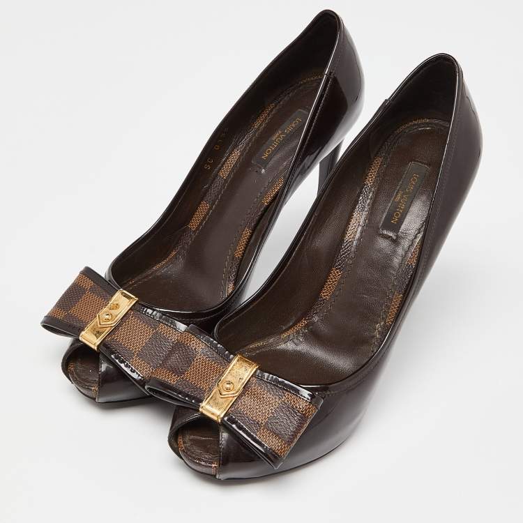 Pre Owned Louis Vuitton Brown Patent Leather Damier Bow Peep Toe Pumps Size 39