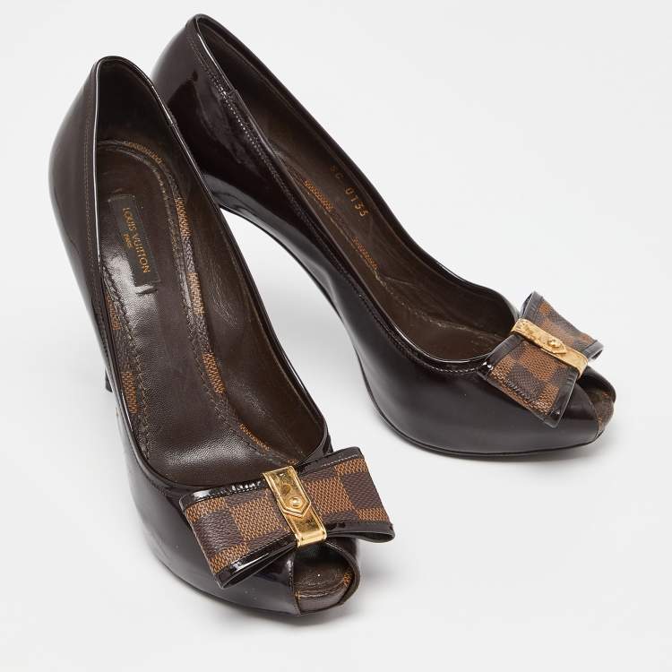 Pre Owned Louis Vuitton Brown Patent Leather Damier Bow Peep Toe Pumps Size 39
