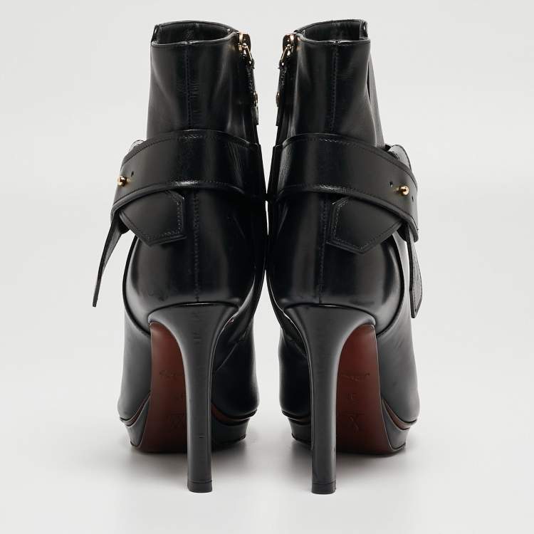 Pre Owned Louis Vuitton Black Leather Platform Ankle Booties Size 37
