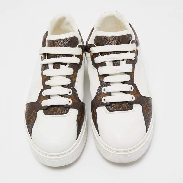 Pre Owned Louis Vuitton White Leather and Monogram Canvas Time Out Sneakers Size 39