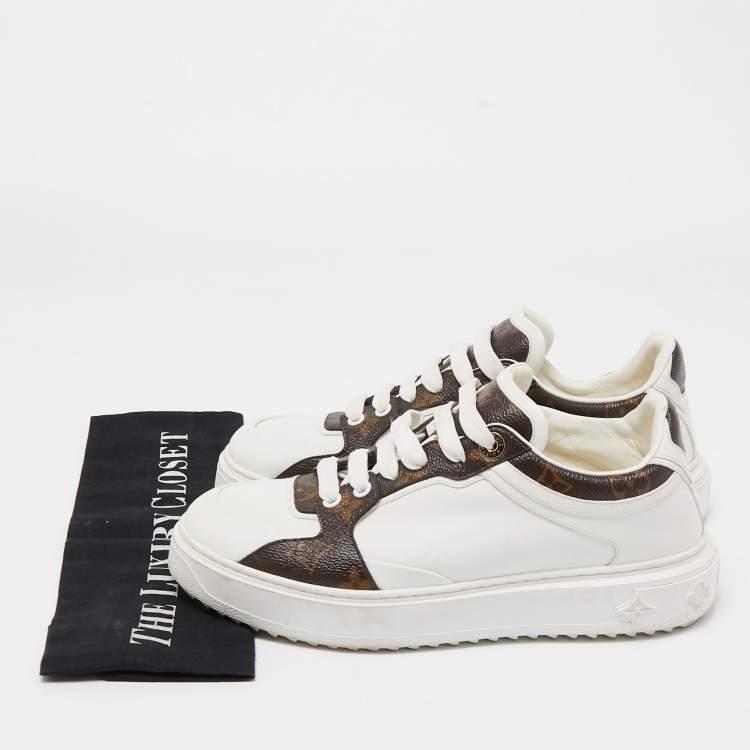Pre Owned Louis Vuitton White Leather and Monogram Canvas Time Out Sneakers Size 39