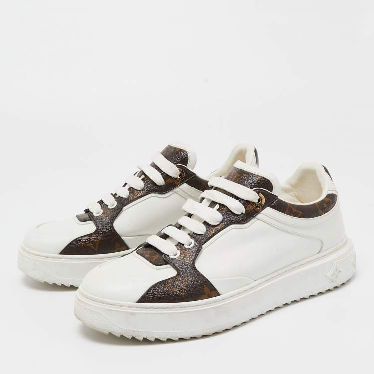 Pre Owned Louis Vuitton White Leather and Monogram Canvas Time Out Sneakers Size 39